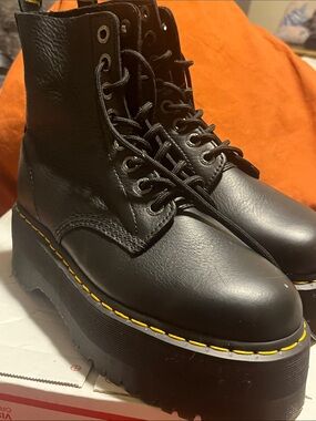 Dr martens Black Double Platform Lace-Up Boots with Yellow Stitching